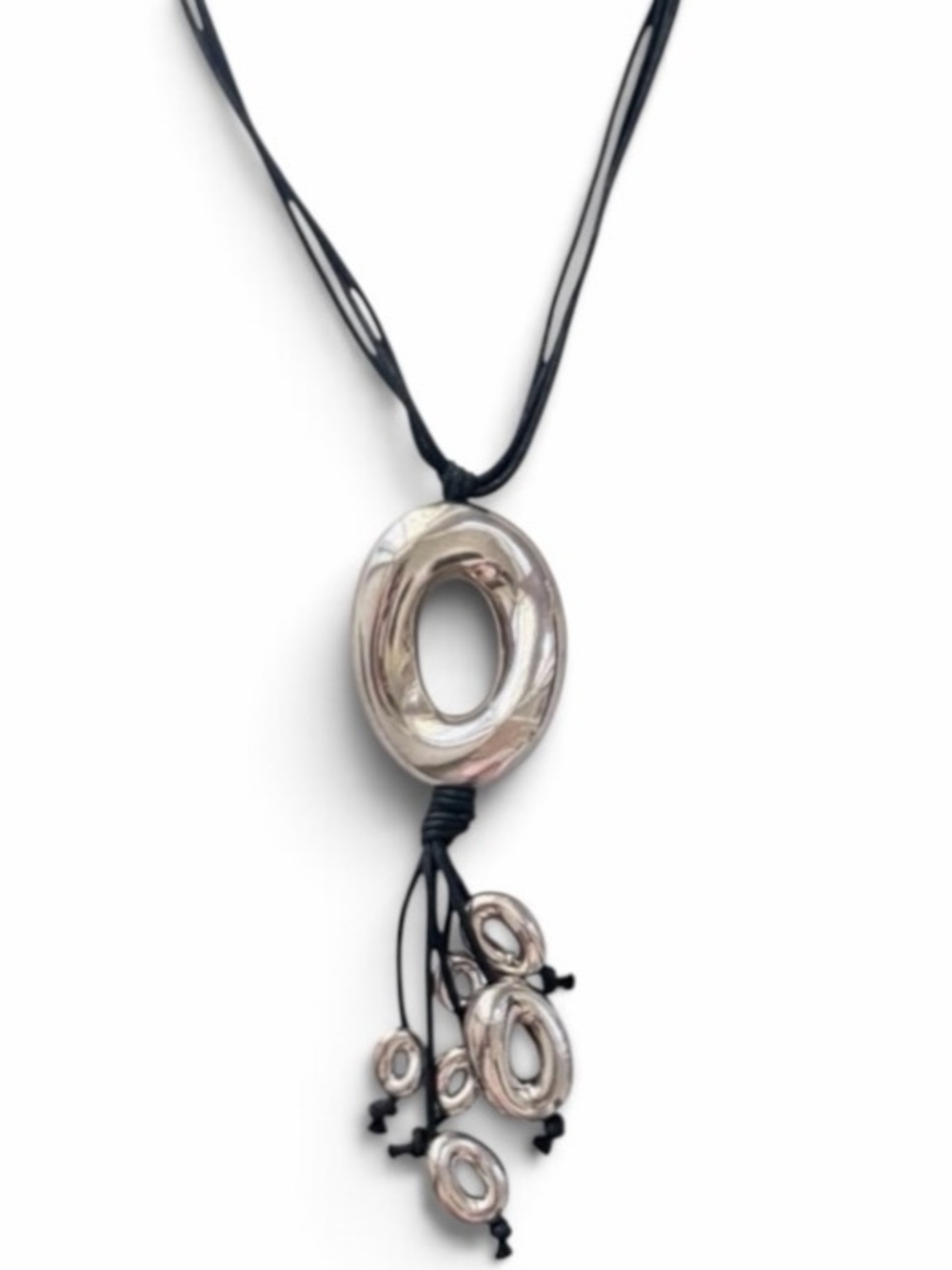 L'una Italy Sterling Silver Modernist Oval Pendant Multi Strand Cord Necklace